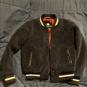 Navy  Fleece Bomber Jacket with Striped Trim